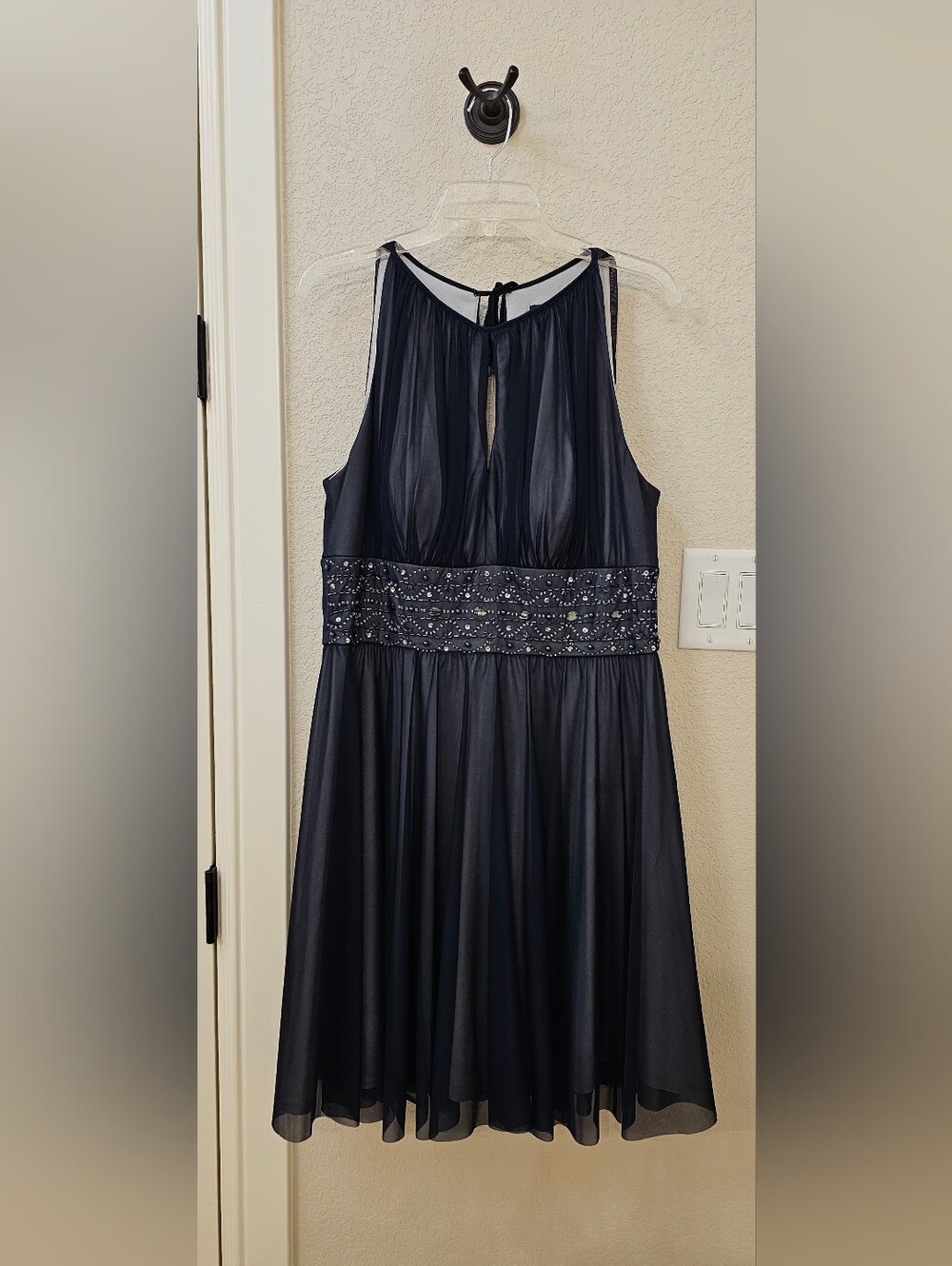 Elegant Navy Prom Dress with Embellished Waist